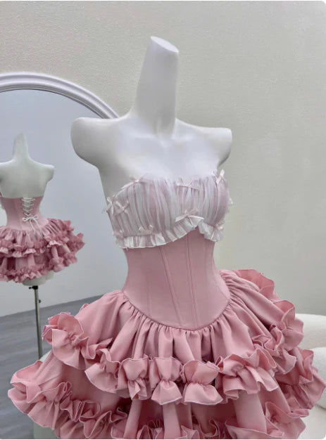 Vintage Pink Sweetheart Ruffle A-Line Tiered Short Party Dress Cocktail Dress Homecoming Dress TP4480