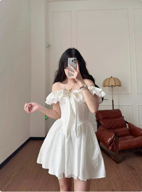 Vintage White Off-the-shoulder A-Line Lace Short Party Dress Cocktail Dress Homecoming Dress TP4478