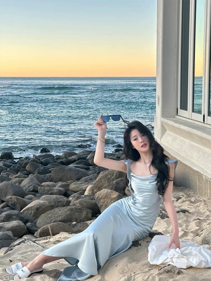 Vintage Sage Green Ruffle Mermaid Satin Long Prom Dress Party Dress Evening Dress TP4495