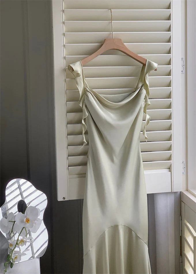 Vintage Sage Green Ruffle Mermaid Satin Long Prom Dress Party Dress Evening Dress TP4495