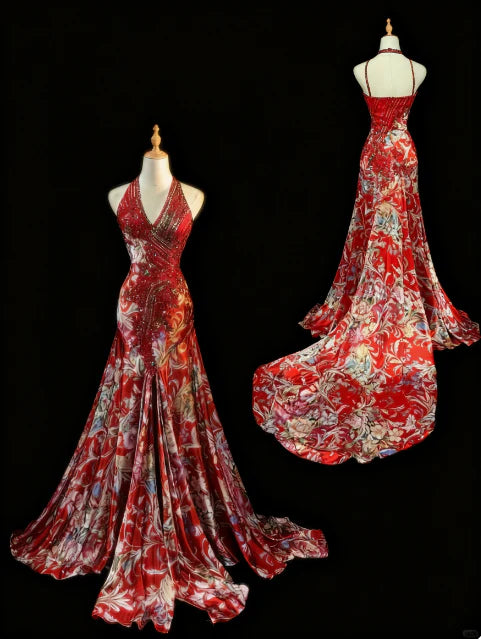 Elegant Floral V-neck Mermaid Evening Gown Beaded Halter-neck Party Dress Long Formal Dress TP4963