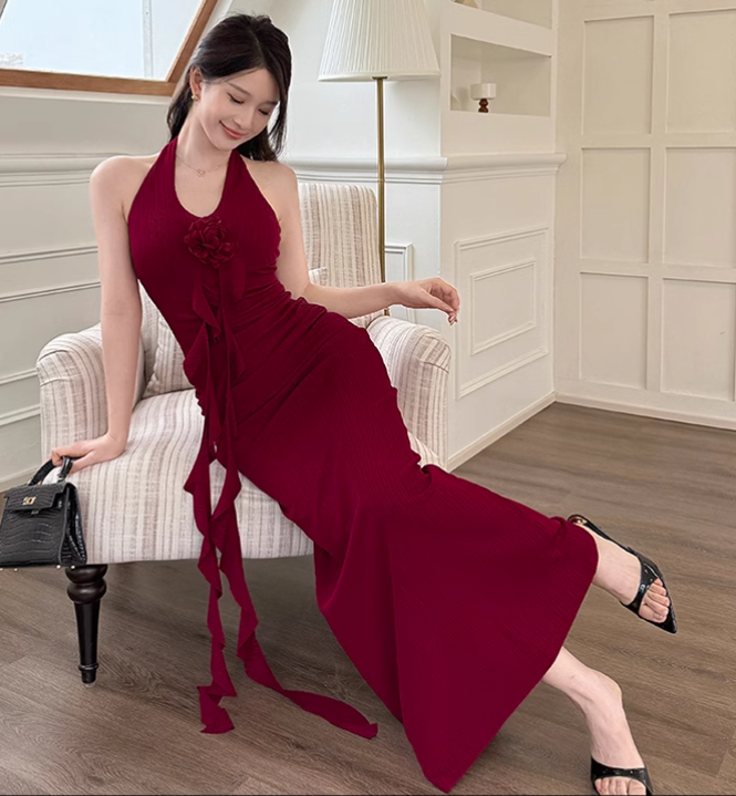 New Simple Red Halter Dress Elegant Party Evening Dress TP2873