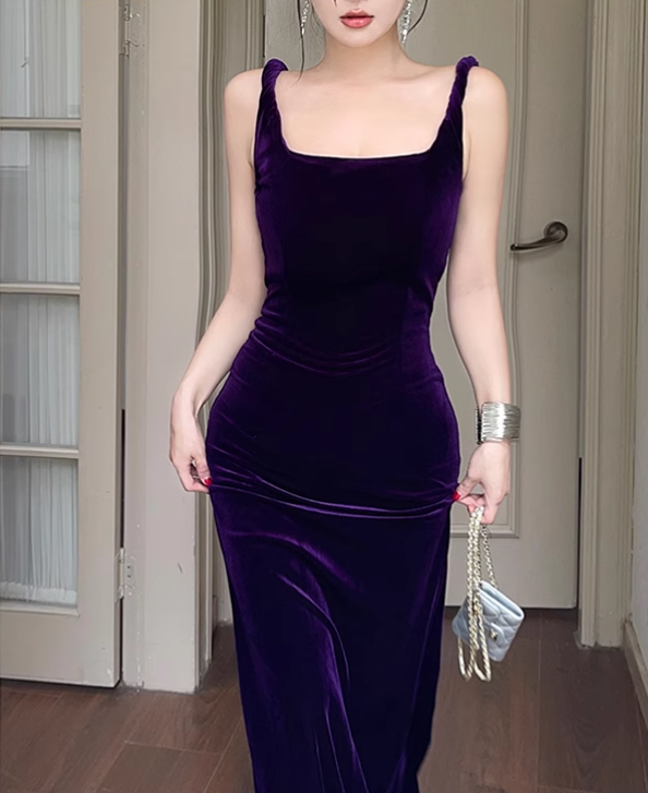 Simple Elegant Purple Velvet Slim-fit Spaghetti Strap Dress TP2876