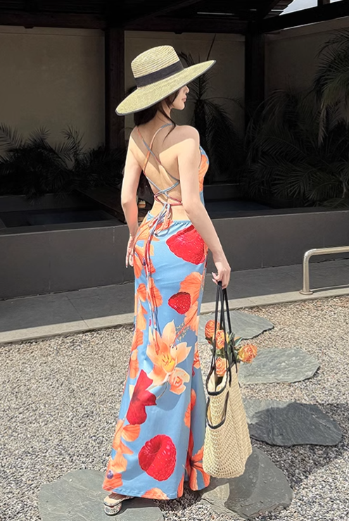 New Simple Holiday Floral Print Dress Sexy Spaghetti Strap Dress TP2884