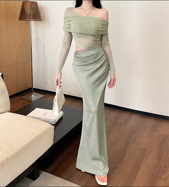 New Fashion Light Green Irregular One-shoulder Style Mesh Long-sleeved Dress TP2901