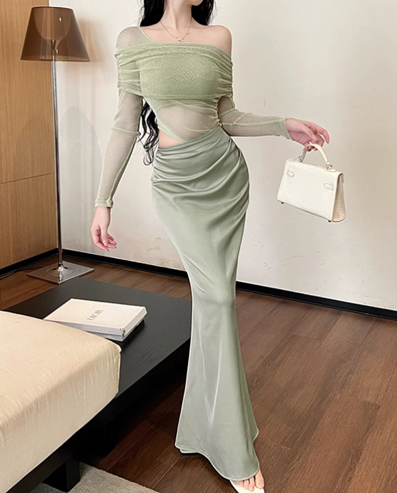 New Fashion Light Green Irregular One-shoulder Style Mesh Long-sleeved Dress TP2901