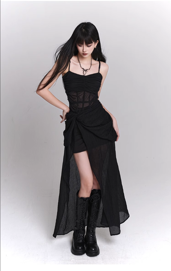 New Fashion Black Chiffon Spaghetti Strap Prom Dress Evening Dress TP2905