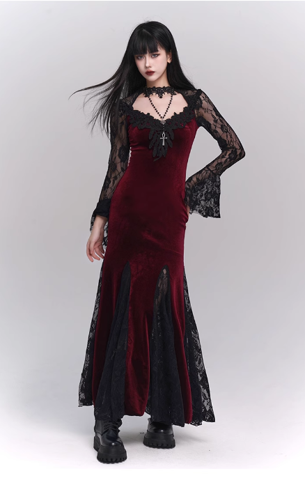 New Ladies Fashion Red Black Gothic Long-sleeved Dress TP2906