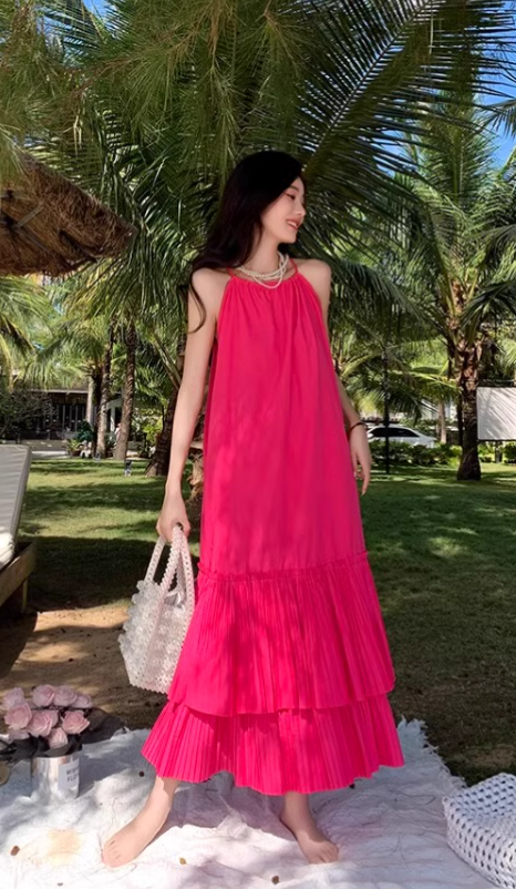 New Fashion Rose Pink Beach Holiday Loose Halter Dress TP2997