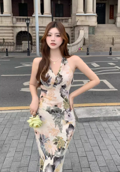 Stylish Elegant V-neck Floral Design Slim Halter Dress TP3005