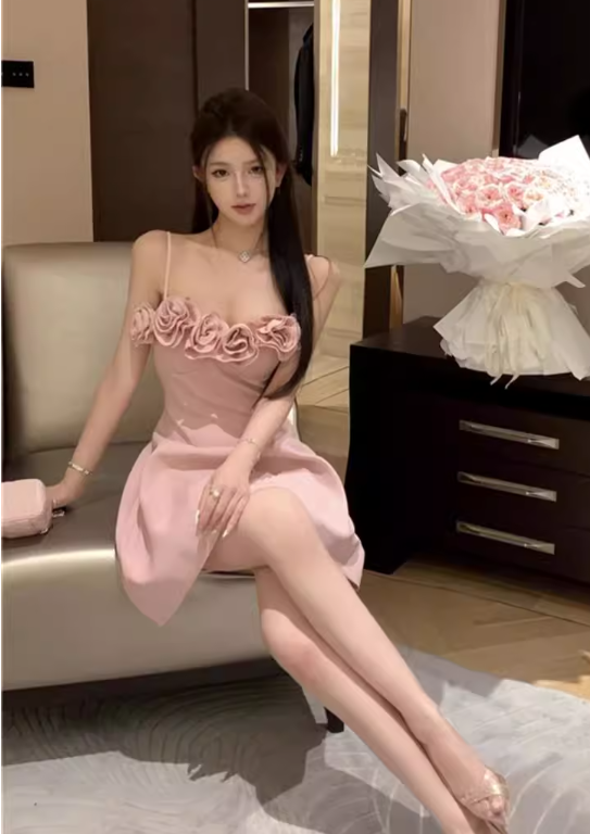Stylish Sexy Rose Flower Design Spaghetti Strap Dress TP3007