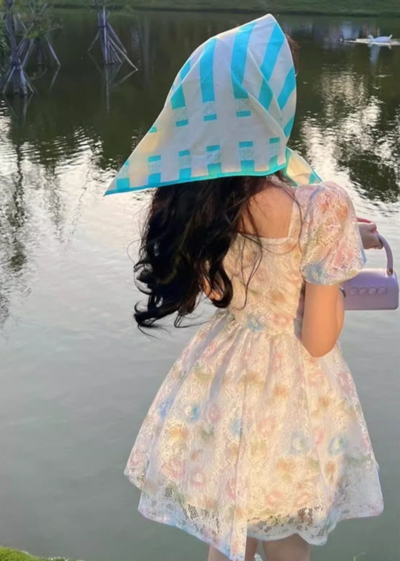 New Fashion Floral Design Lace Short Sleeve Puffy Dress TP3010