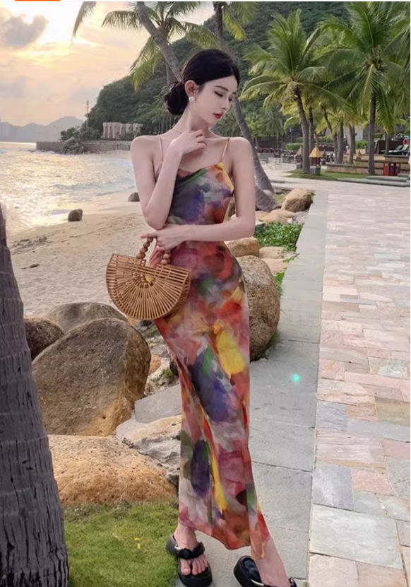 Simple New Painting Style Floral Design Elegant Beach Holiday Spaghetti Strap Dress TP3019