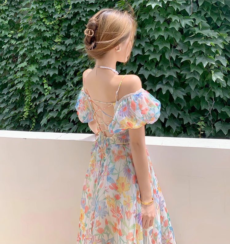 New Elegant Floral Design Puff Sleeves Princess Style Spaghetti Strap Dress TP3020