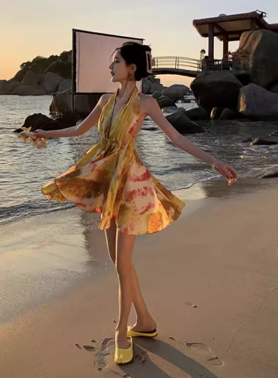 New Stylish Yellow Floral Design A-Line Halter Dress TP3024