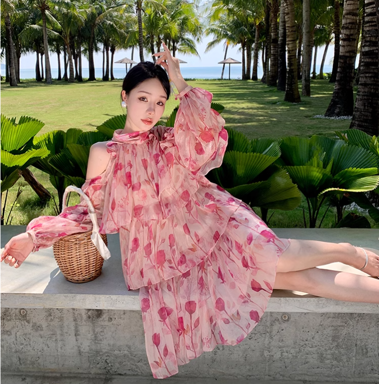 New Fashion Pink Floral Design Long Sleeves Off-the-shoulder A-Line Halter Dress TP3025