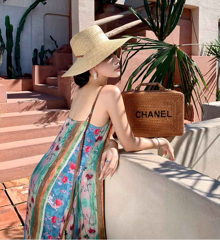 New Elegant Floral Design A-Line Beach Holiday Spaghetti Strap Dress TP3026