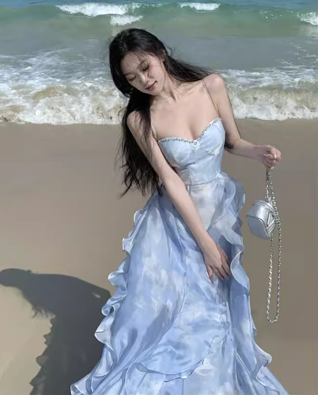 Simple Floral Design A-Line Chiffon Beach Holiday Halter Dress TP3030