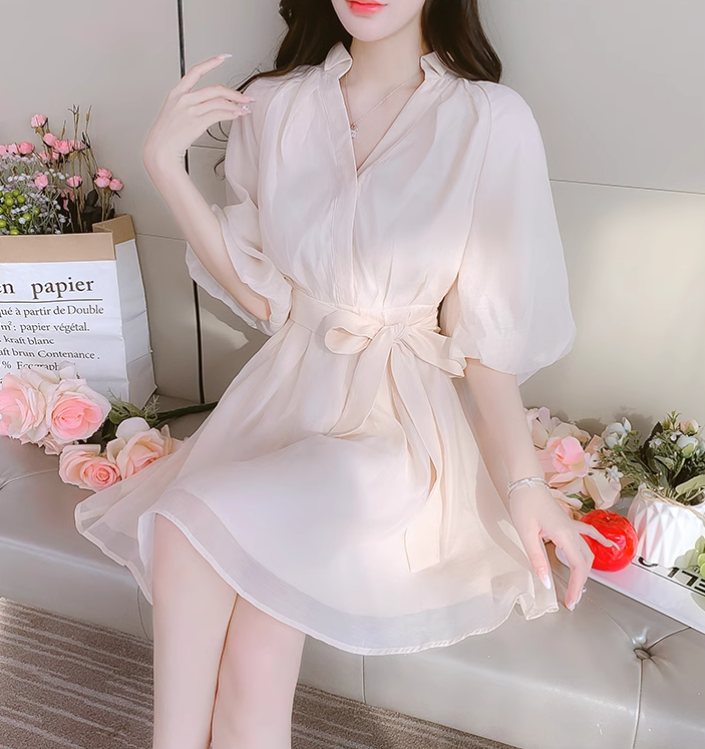 New Simple Fashion Puff Sleeves Design A-Line Dress TP3034