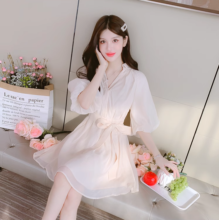 New Simple Fashion Puff Sleeves Design A-Line Dress TP3034