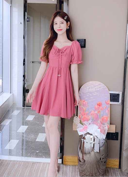 New Fashion Short Sleeves Rose Pink Design A-Line Dress TP3036