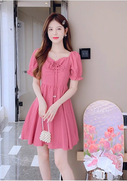 New Fashion Short Sleeves Rose Pink Design A-Line Dress TP3036