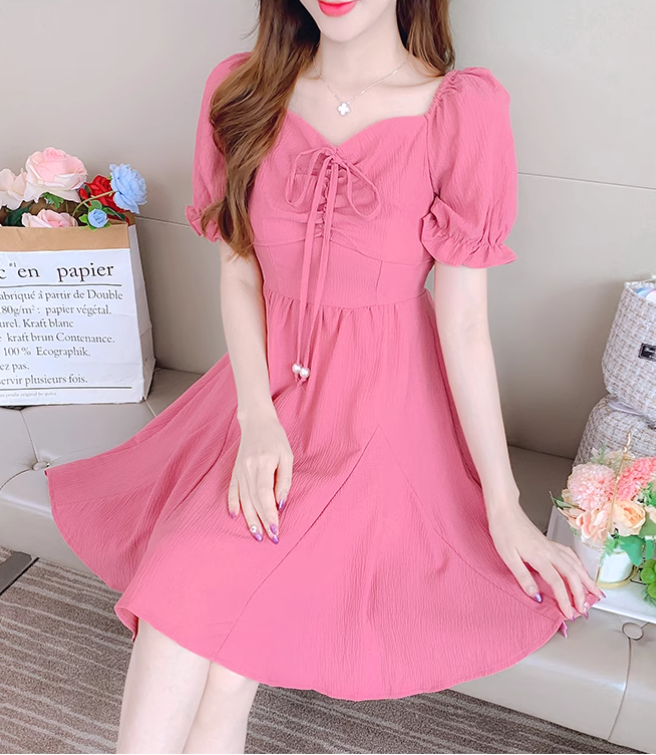 New Fashion Short Sleeves Rose Pink Design A-Line Dress TP3036