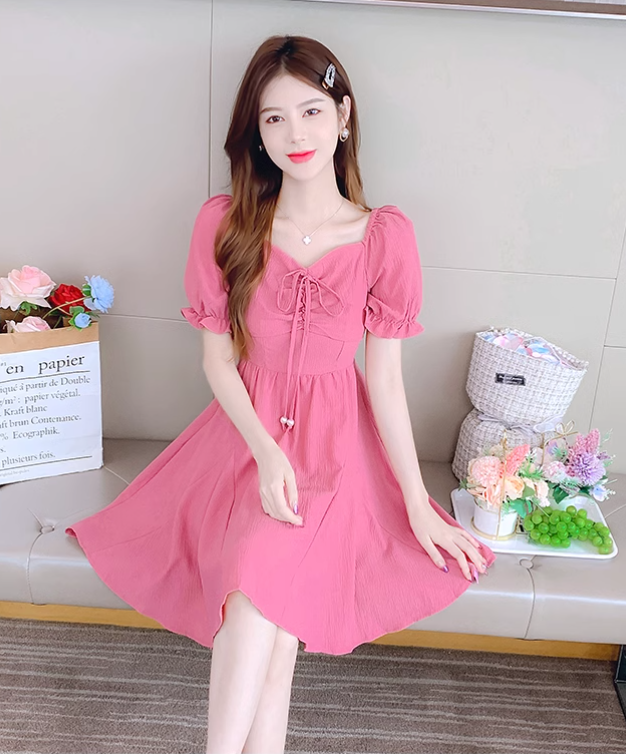 New Fashion Short Sleeves Rose Pink Design A-Line Dress TP3036