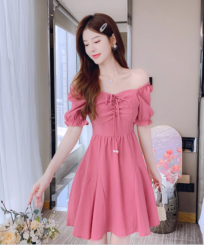 New Fashion Short Sleeves Rose Pink Design A-Line Dress TP3036