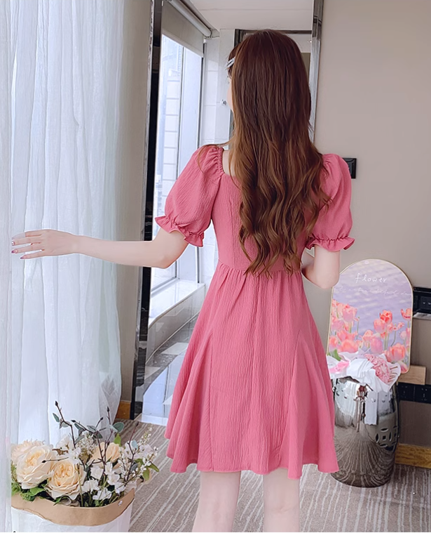 New Fashion Short Sleeves Rose Pink Design A-Line Dress TP3036