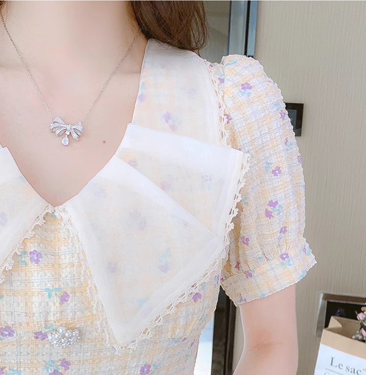 New Simple Short Sleeves Floral Design A-Line Dress TP3040