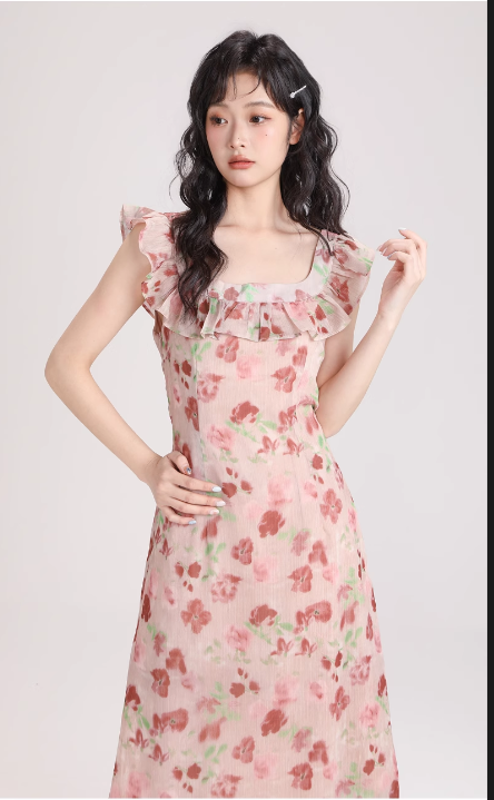New Simple Fashion Short Puffy Sleeves Floral Design A-Line Dress TP3042
