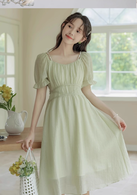 New Simple Fashion Green Short Sleeve Design A-Line Long Dress TP3044