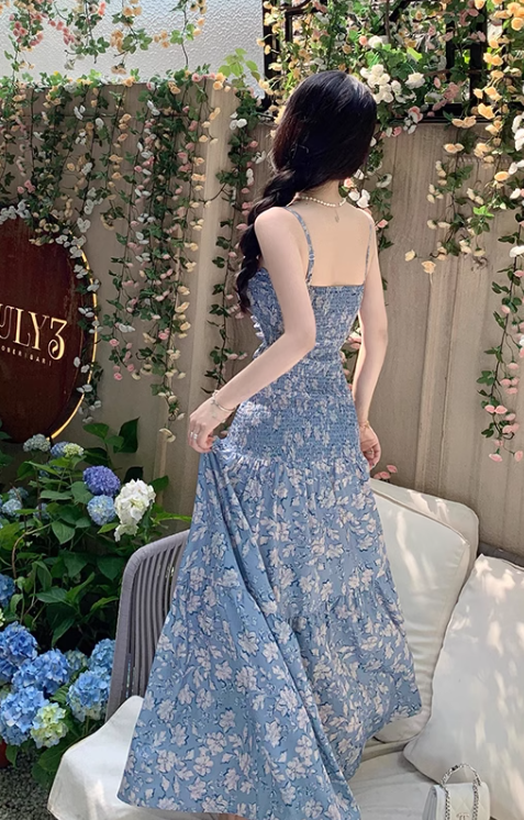New Fashion Blue Floaral Design A-Line Spaghetti Strap Dress TP3045