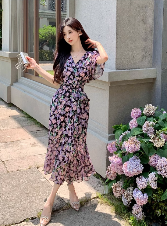 New Fashion Floaral Design V-neck Short Sleeves Mermaid Slim Long Dress TP3048