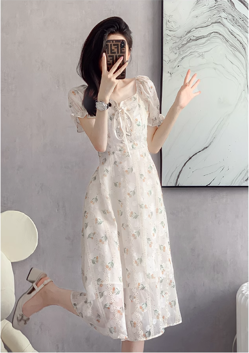 New Fashion Simple Floral Short Sleeves Design Women Slim Dress TP3051