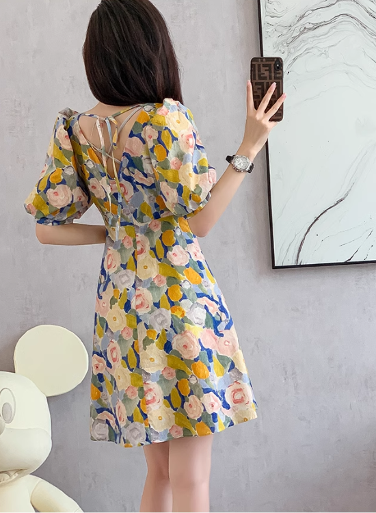 New Fashion Simple Floral Short Sleeves Design V-neck Slim Dress TP3052