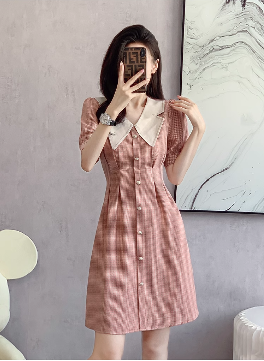 Vintage Simple Pink Plaid Elegant Design Short Sleeves Women Dress TP3055