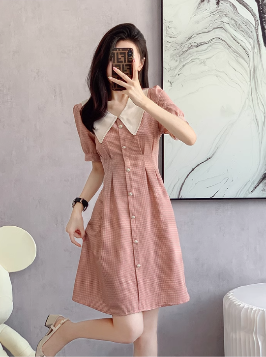 Vintage Simple Pink Plaid Elegant Design Short Sleeves Women Dress TP3055