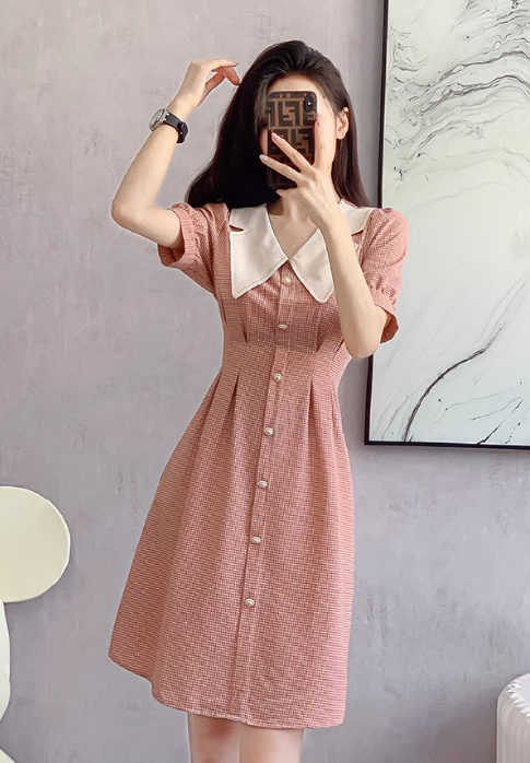 Vintage Simple Pink Plaid Elegant Design Short Sleeves Women Dress TP3055