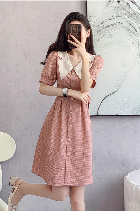 Vintage Simple Pink Plaid Elegant Design Short Sleeves Women Dress TP3055