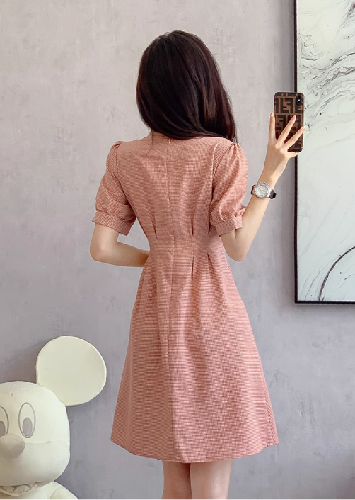 Vintage Simple Pink Plaid Elegant Design Short Sleeves Women Dress TP3055