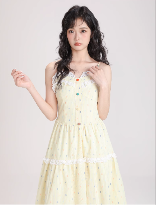 Simple Fashion Light Yellow Floral Design Spaghetti Strap Dress TP3057