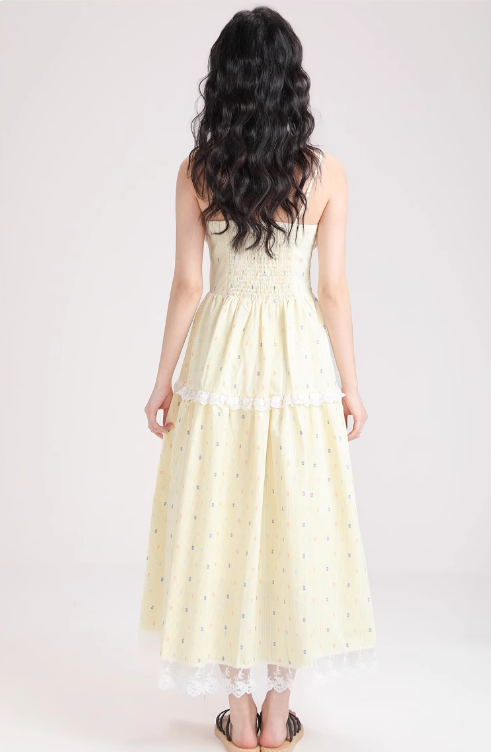 Simple Fashion Light Yellow Floral Design Spaghetti Strap Dress TP3057