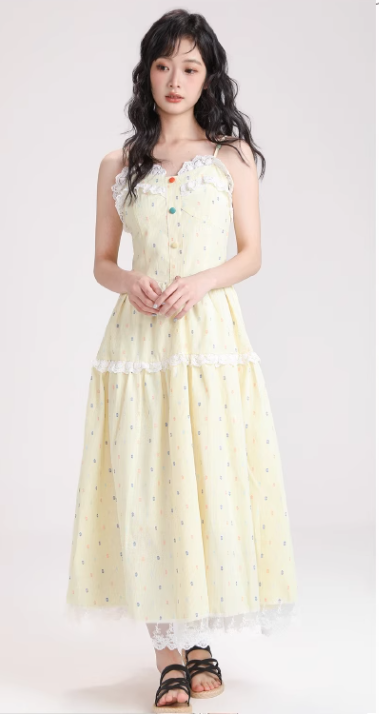 Simple Fashion Light Yellow Floral Design Spaghetti Strap Dress TP3057