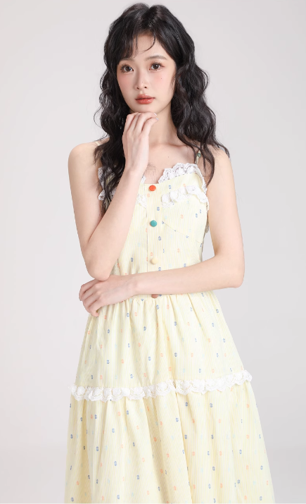 Simple Fashion Light Yellow Floral Design Spaghetti Strap Dress TP3057
