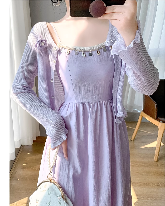 New Simple Elegant Cardigan Design Spaghetti Strap Dress TP3060