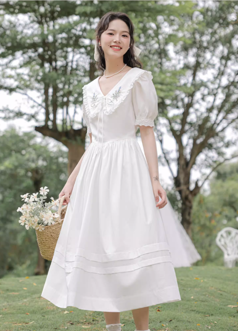 Simple Elegant Floral Design Short Sleeves Women Long Dress TP3064