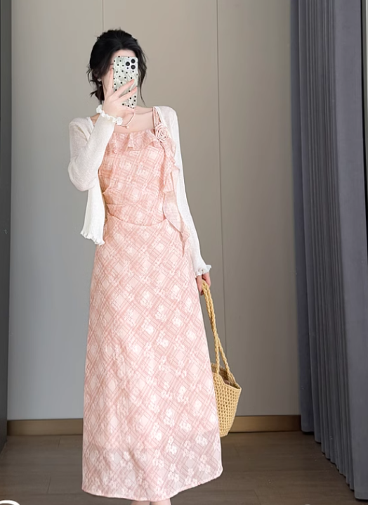 New Simple Elegant Floral Design Cardigan Spaghetti Strap Dress TP3067