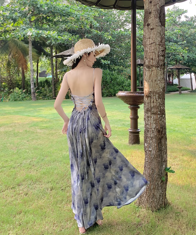 New Simple Elegant Floral Design Beach Holiday Spaghetti Strap Dress TP3068